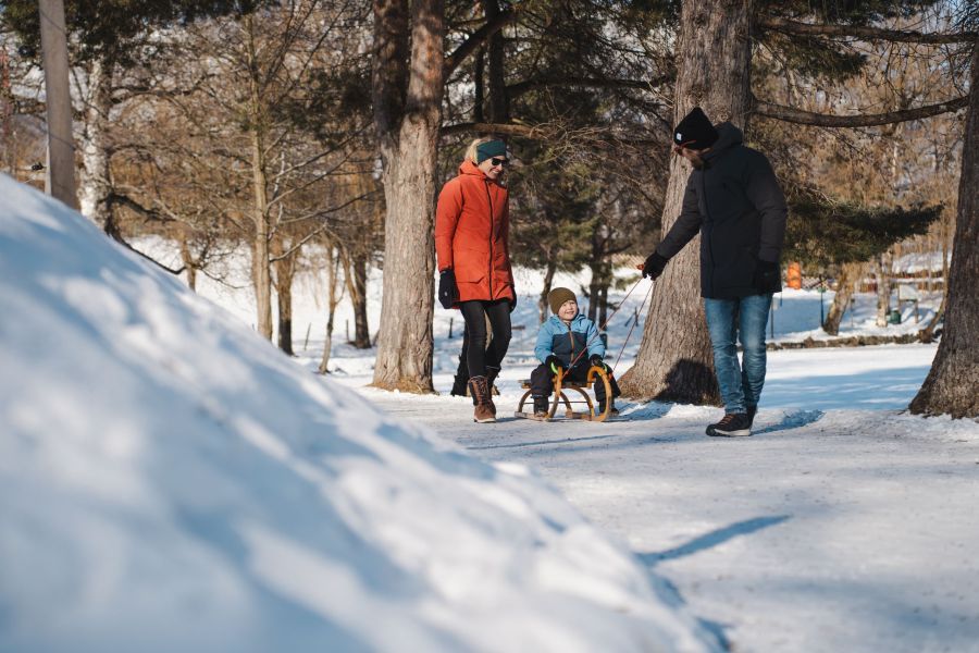 Eine Winterlandschaft mit verschneitem Boden und hohen Bäumen. Drei Personen, eine davon ein Kind auf einem kleinen Fahrrad, sind zu sehen. Zwei Erwachsene stehen in der Nähe des Kindes und scheinen miteinander zu kommunizieren. Alle tragen Winterkleidung.