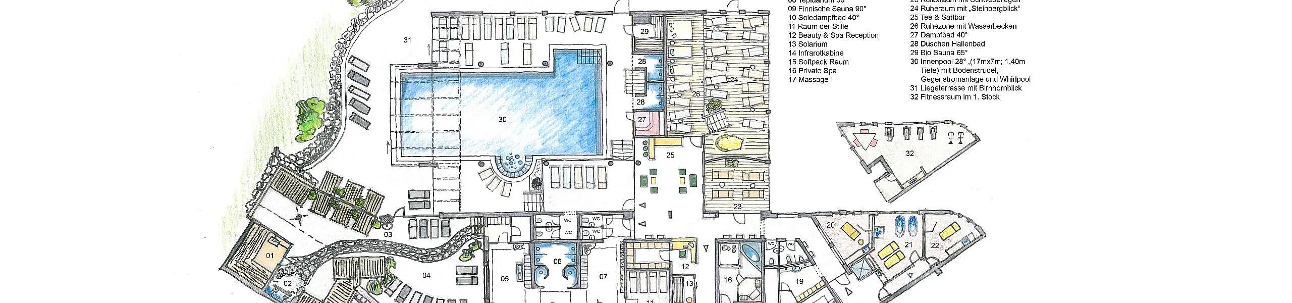 Ein gezeichneter Grundriss eines Wellnessbereichs, der verschiedene Einrichtungen zeigt. Zu sehen sind: ein Schwimmbecken, ein Solarium, mehrere Ruheräume, Massageräume und verschiedene Spa-Bereiche. Eine nummerierte Legende listet die Einrichtungen auf, darunter findet sich eine Finnische Sauna, ein Soledampfbad, Räume der Stille und ein Beauty & Spa Rezeptionsbereich.